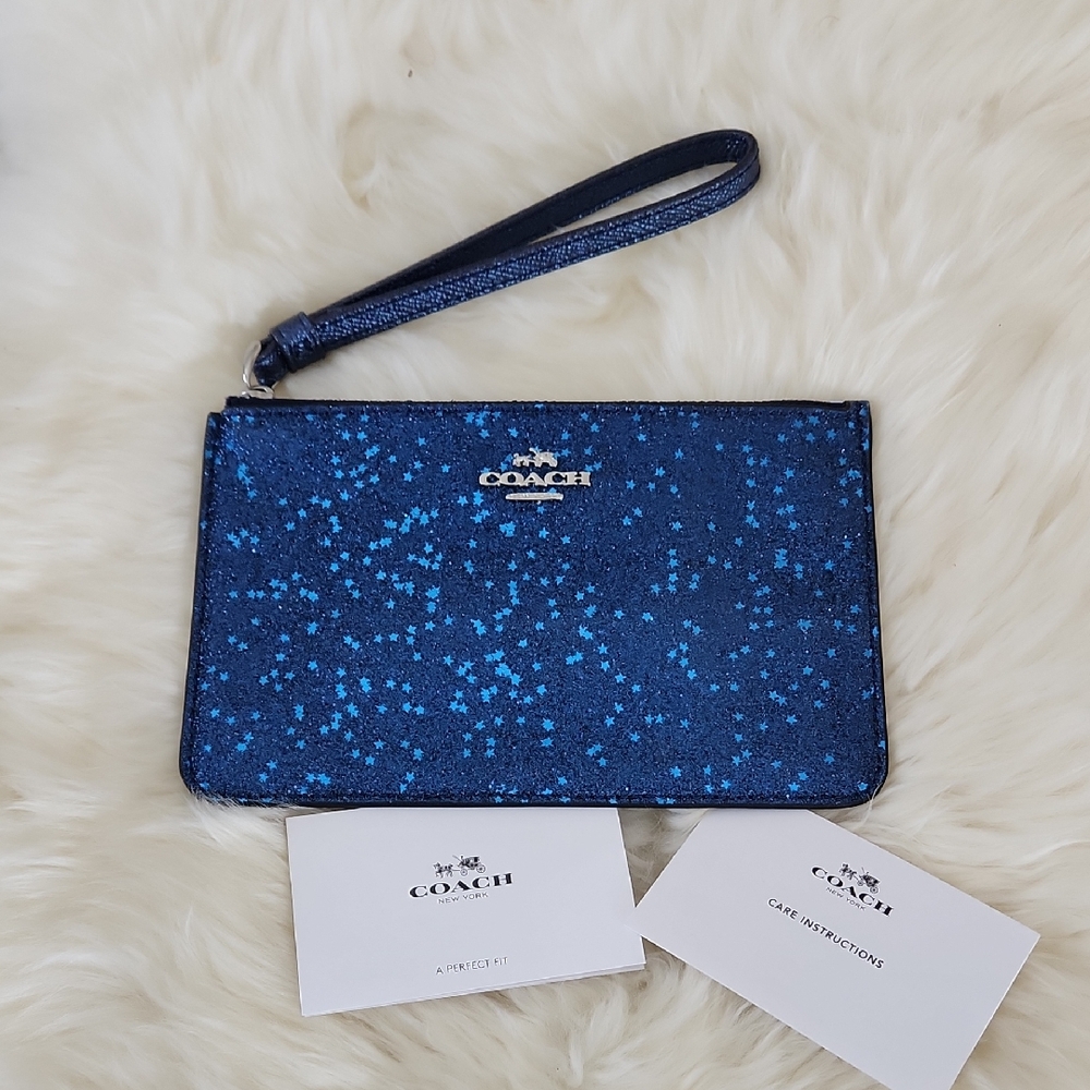 NWOT Coach Blue Glitter Star Leather Wristlet Wallet 💙⭐️🎁